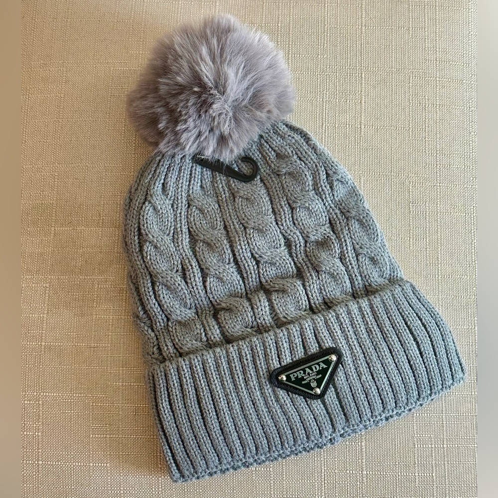 Gray Prada Beanie with removable fur ball